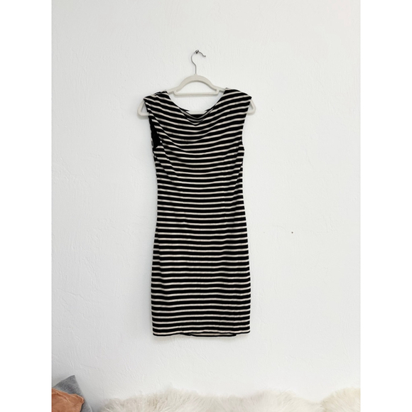 Women's LOFT Petite Striped Ruched Sheath Dress MP Black White - Picture 2 of 9